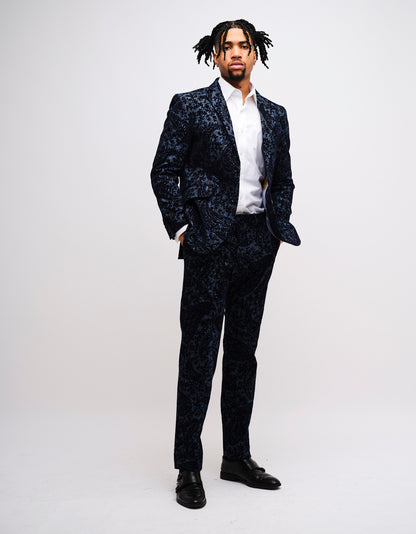 Navy Flocked Paisley Denim 2 Piece Suit GOLD COLLECTION