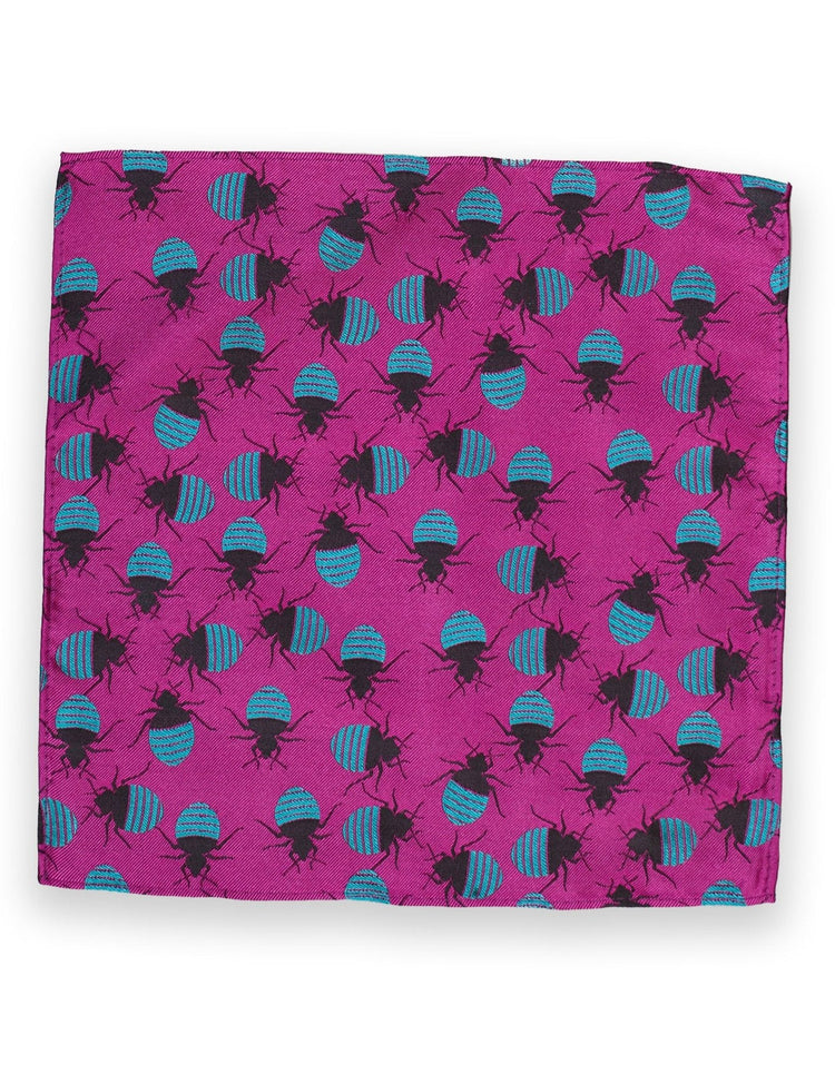 Fuchsia & Turquoise Bed Bugs Silk Pocket Square - Gresham Blake Online