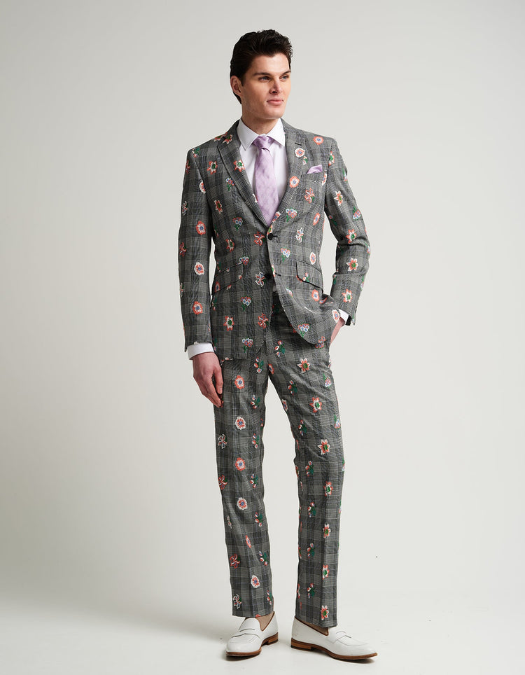 Grey Check Embroidered Suit - Gresham Blake Online