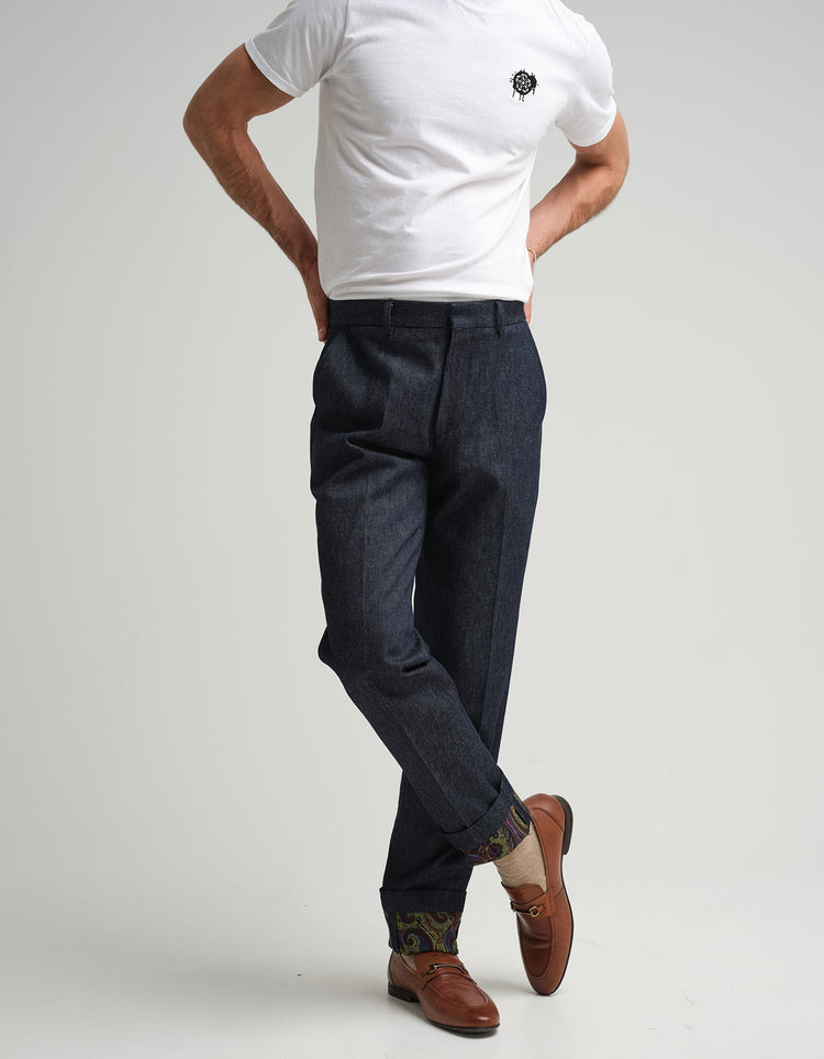 Indigo Denim & Paisley Trouser - Gresham Blake Online