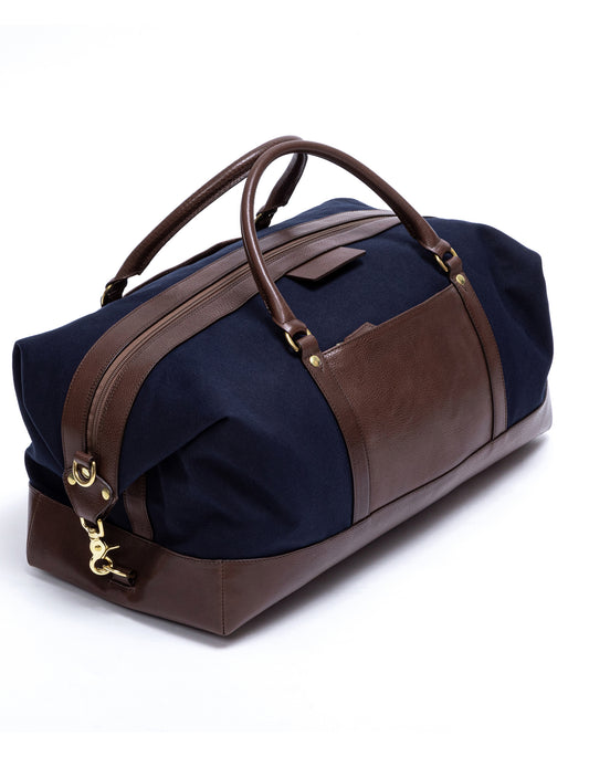 navy leather duffle bag