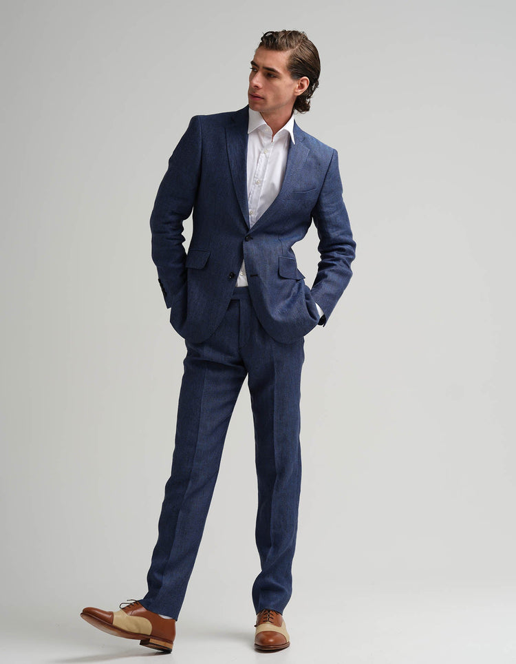 Navy & Black Tonic Herringbone Linen Suit - Gresham Blake Online
