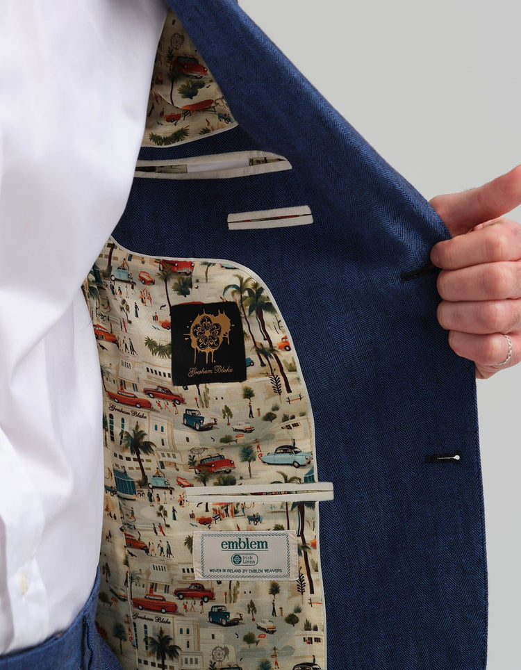 Navy & Black Tonic Herringbone Linen Suit - Gresham Blake Online