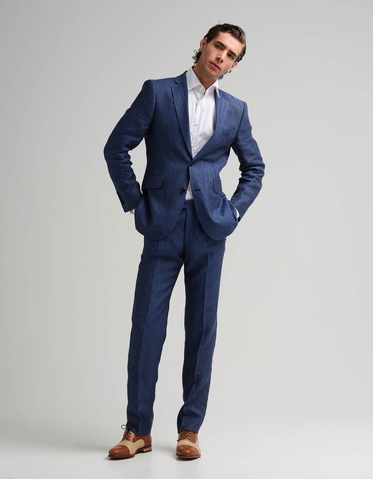 Navy & Black Tonic Herringbone Linen Suit - Gresham Blake Online