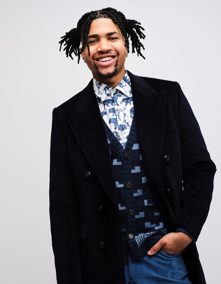 Navy Double Breasted Corduroy Coat GOLD COLLECTION - Gresham Blake Online