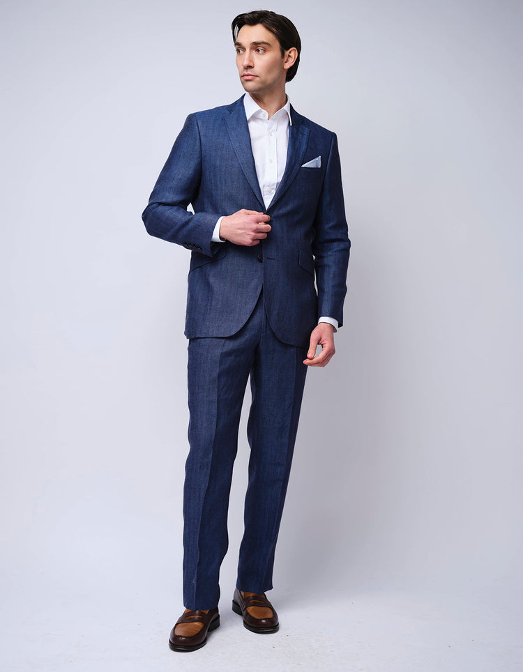 Navy Herringbone Linen Suit - Gresham Blake Online