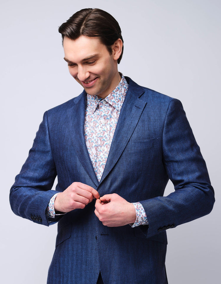 Navy Herringbone Linen Suit - Gresham Blake Online