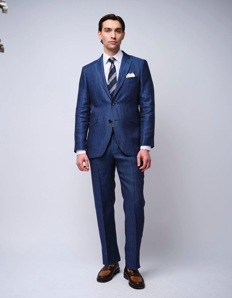 Navy Herringbone Linen Suit - Gresham Blake Online