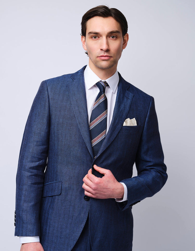 Navy Herringbone Linen Suit - Gresham Blake Online