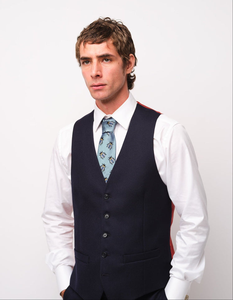 Navy Merino Wool Twill Waistcoat - Gresham Blake Online
