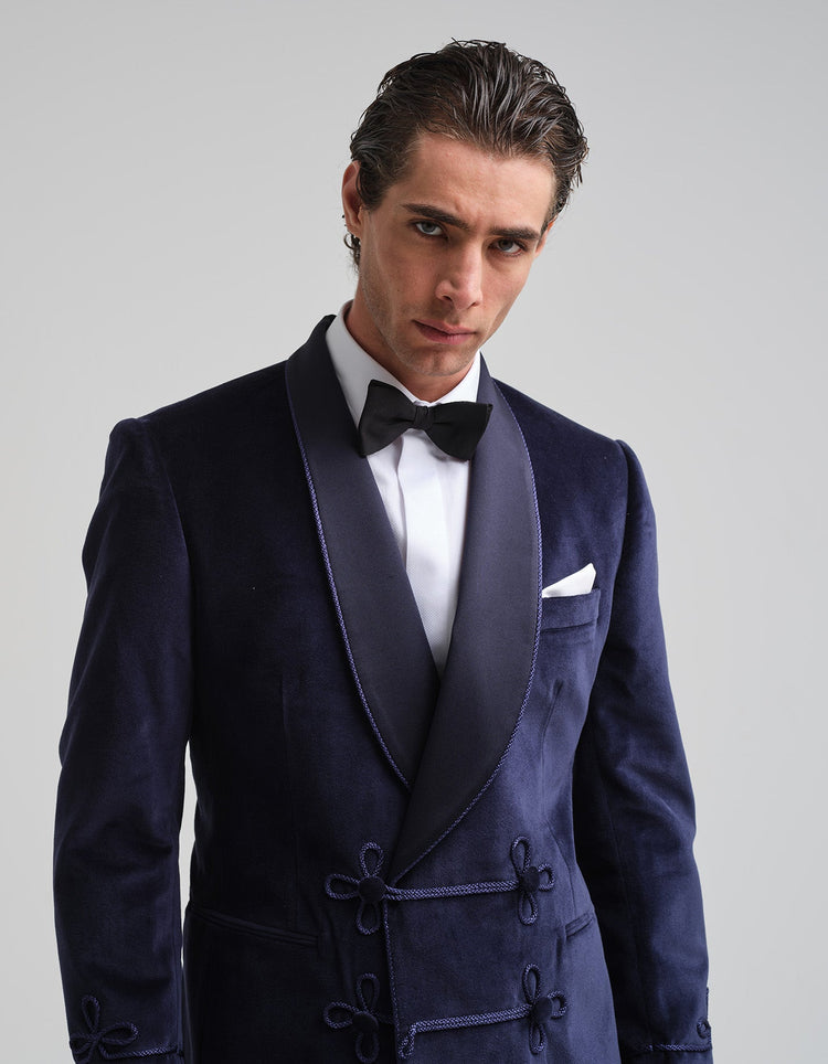 Navy Velvet Double - Breasted Smoking Jacket - Gresham Blake Online