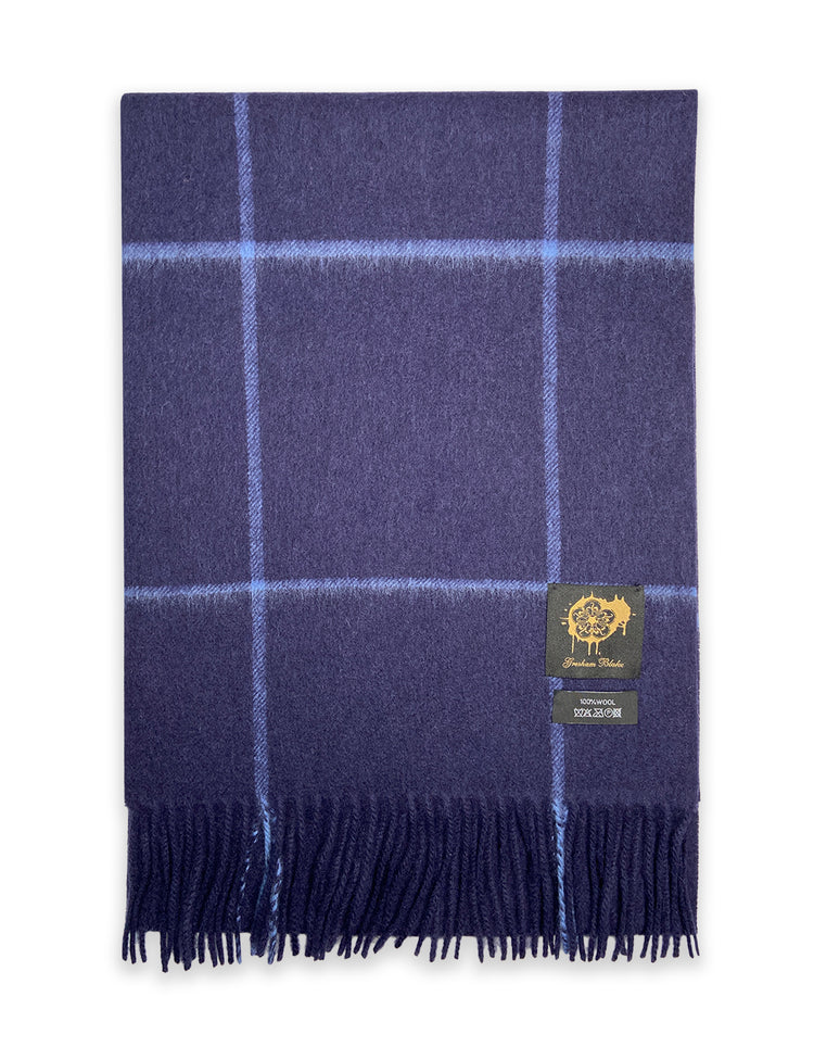 Navy Windowpane Check Wool Scarf