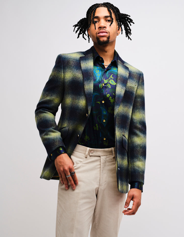 Navy & Green Gradient Check Mohair Jacket