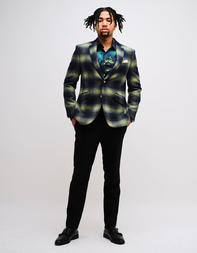 Navy & Green Gradient Check Mohair Jacket