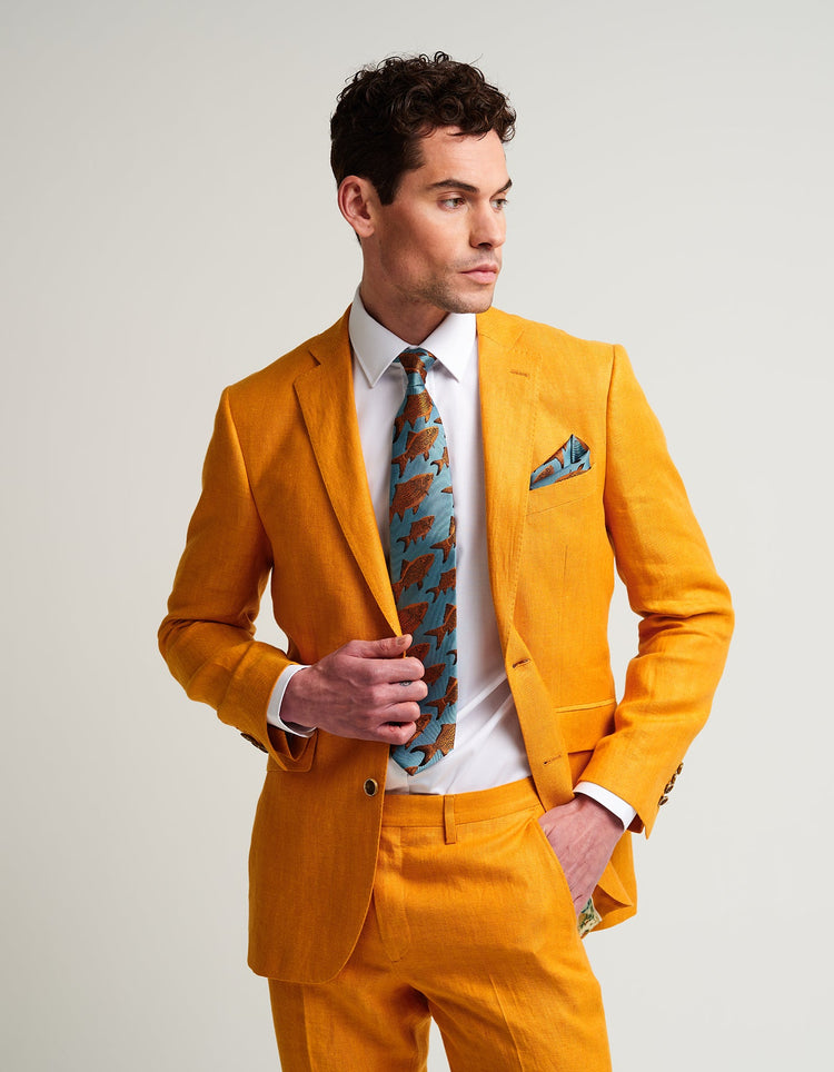 Ochre Yellow Herringbone Linen Suit - Gresham Blake Online