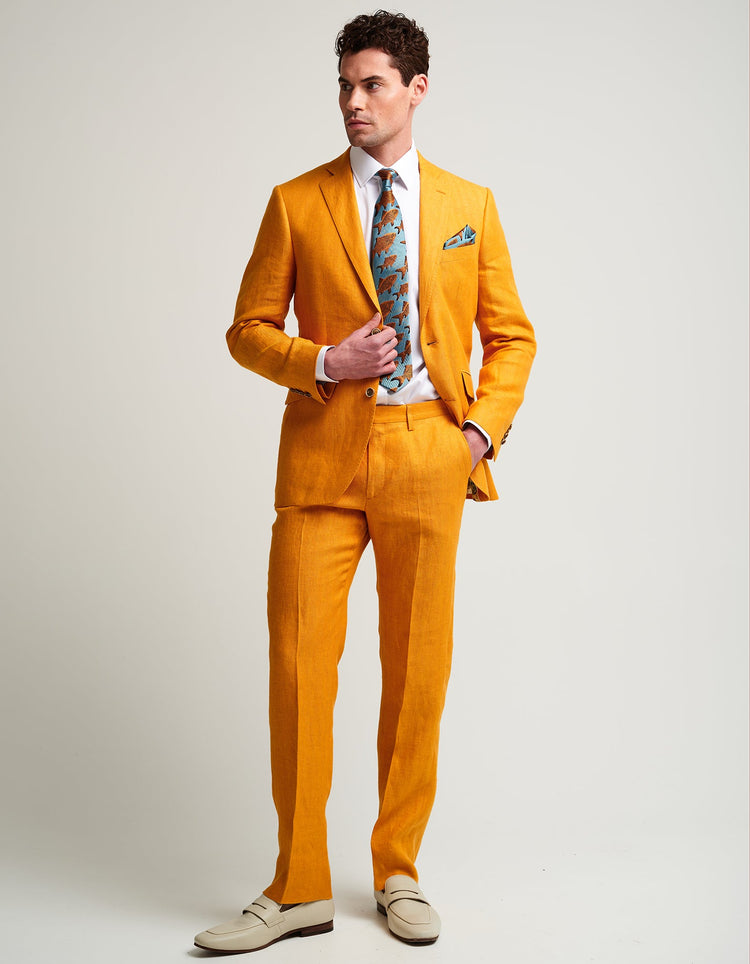 Ochre Yellow Herringbone Linen Suit - Gresham Blake Online