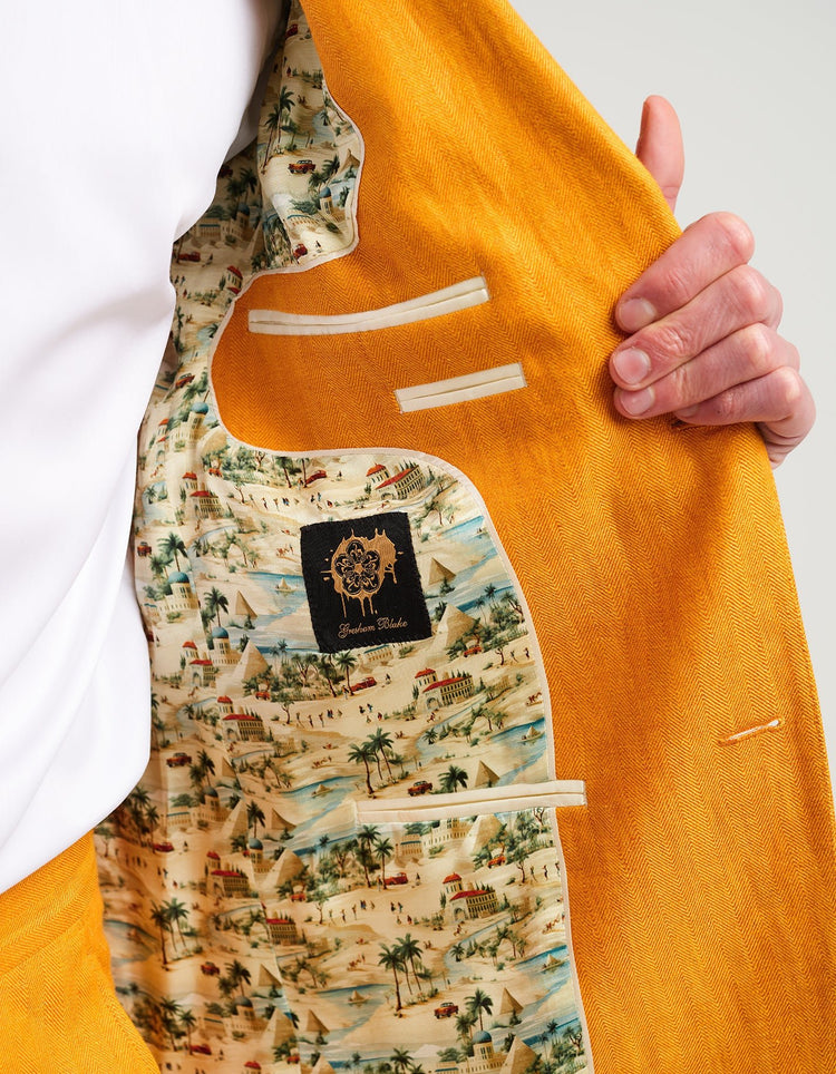 Ochre Yellow Herringbone Linen Suit - Gresham Blake Online