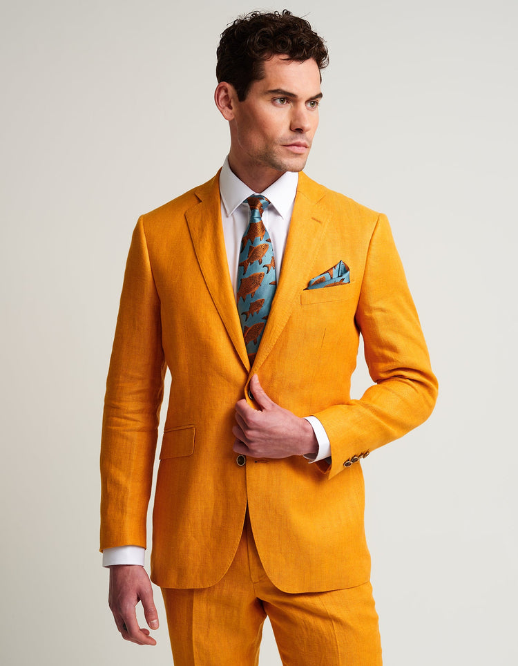 Ochre Yellow Herringbone Linen Suit - Gresham Blake Online