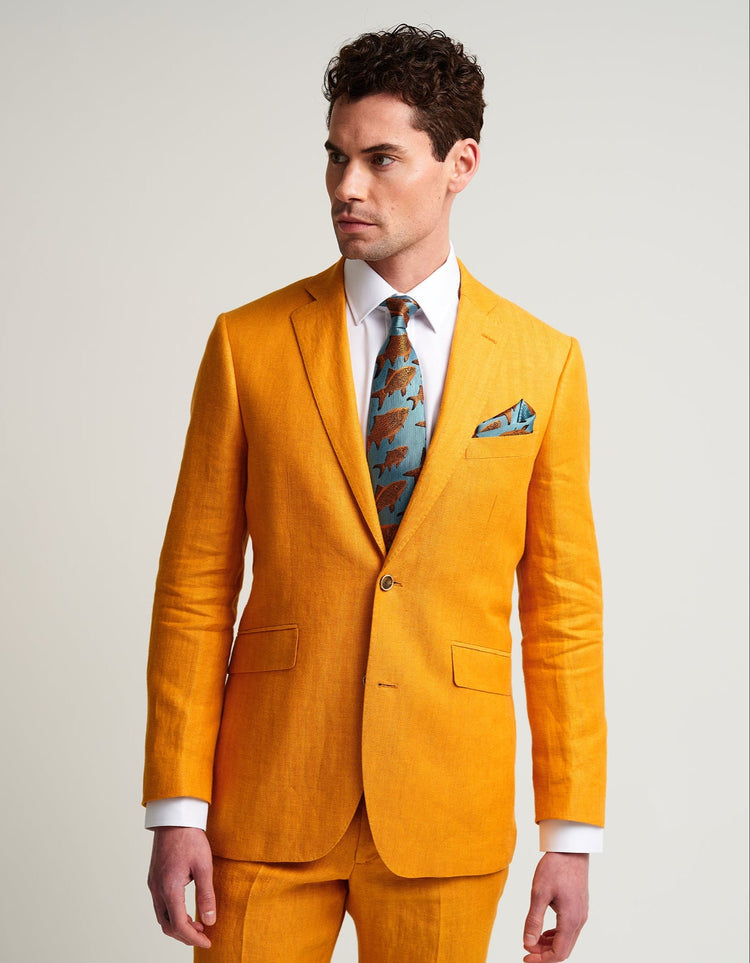Ochre Yellow Herringbone Linen Suit - Gresham Blake Online