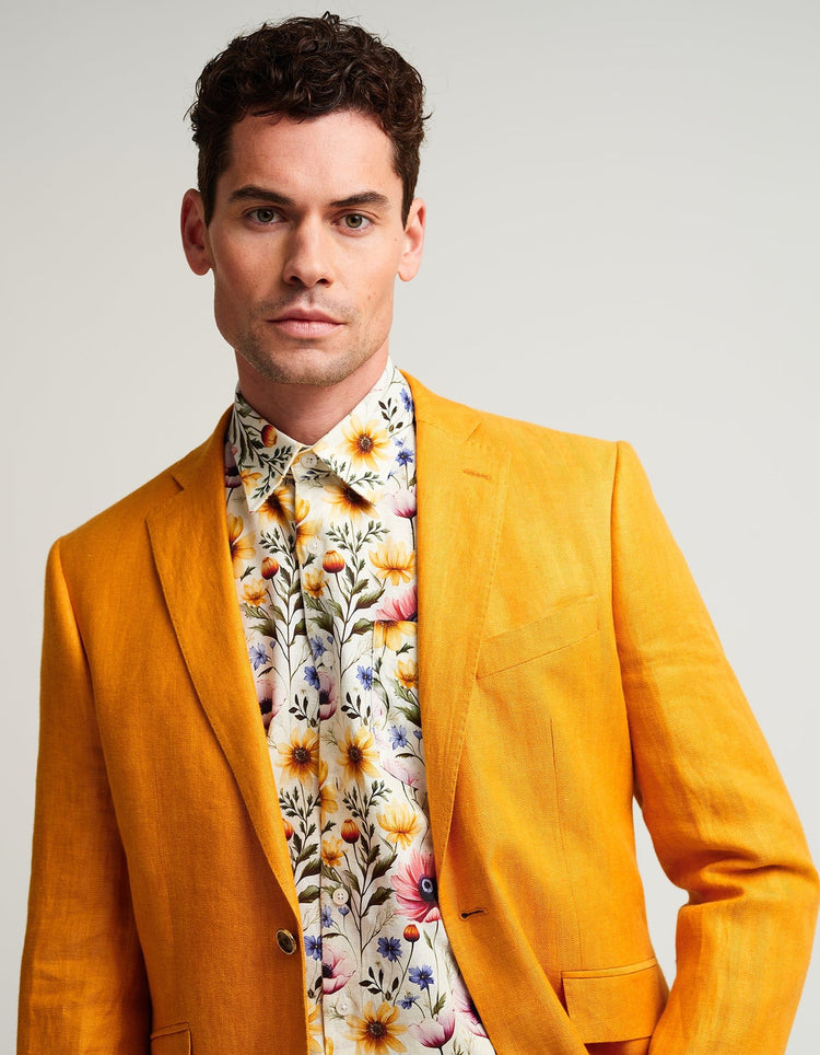 Ochre Yellow Herringbone Linen Suit - Gresham Blake Online