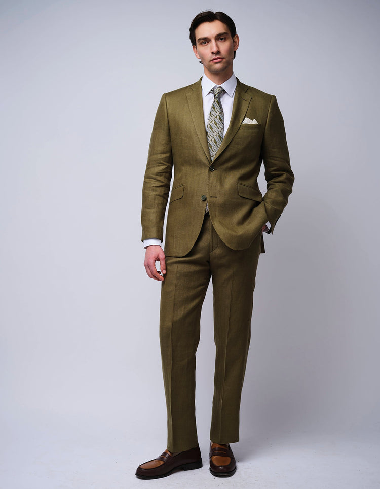Olive Herringbone Linen Suit - Gresham Blake Online