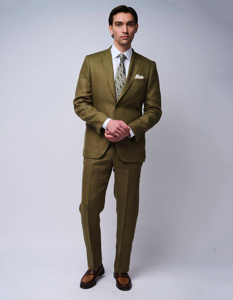 Olive Herringbone Linen Suit - Gresham Blake Online