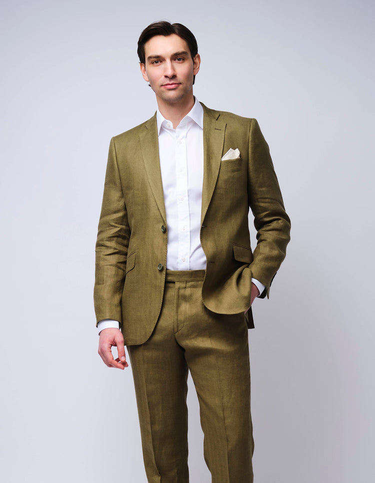 Olive Herringbone Linen Suit - Gresham Blake Online