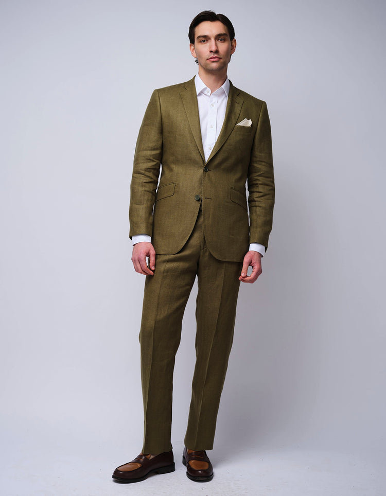 Olive Herringbone Linen Suit - Gresham Blake Online