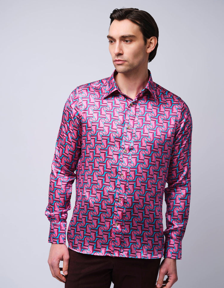 Pink & Blue Chess Piece Silk Shirt - Gresham Blake Online