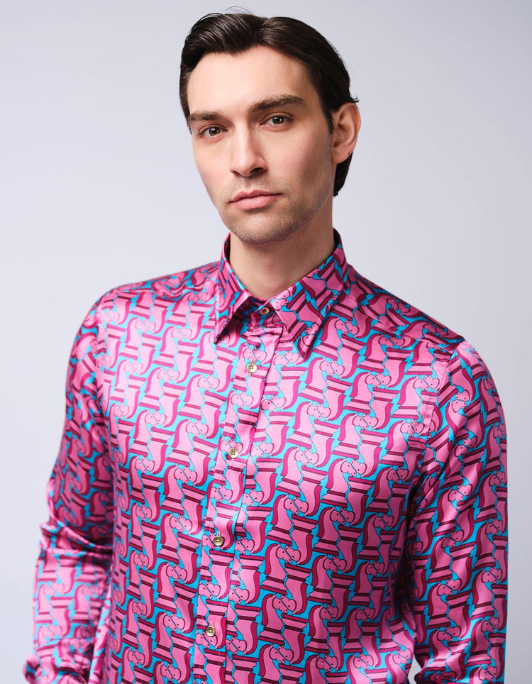 Pink & Blue Chess Piece Silk Shirt - Gresham Blake Online