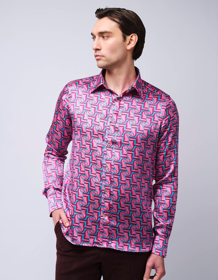 Pink & Blue Chess Piece Silk Shirt - Gresham Blake Online