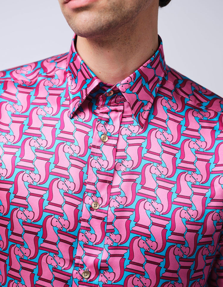 Pink & Blue Chess Piece Silk Shirt - Gresham Blake Online