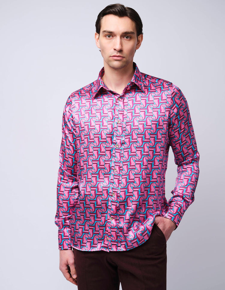 Pink & Blue Chess Piece Silk Shirt - Gresham Blake Online