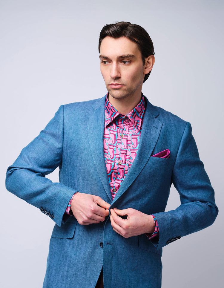Pink & Blue Chess Piece Silk Shirt - Gresham Blake Online