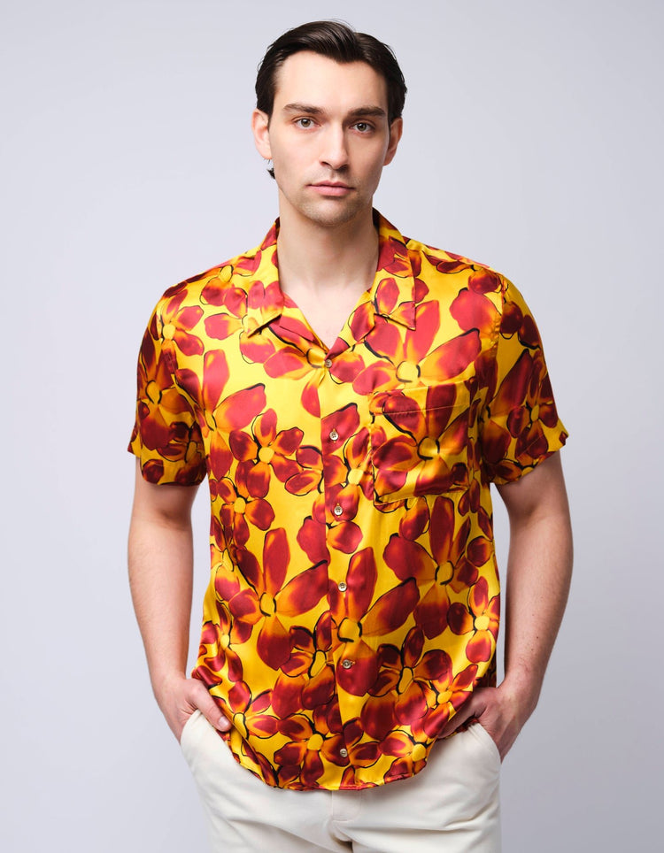 Red & Orange Floral Short Sleeve Silk Shirt - Gresham Blake Online