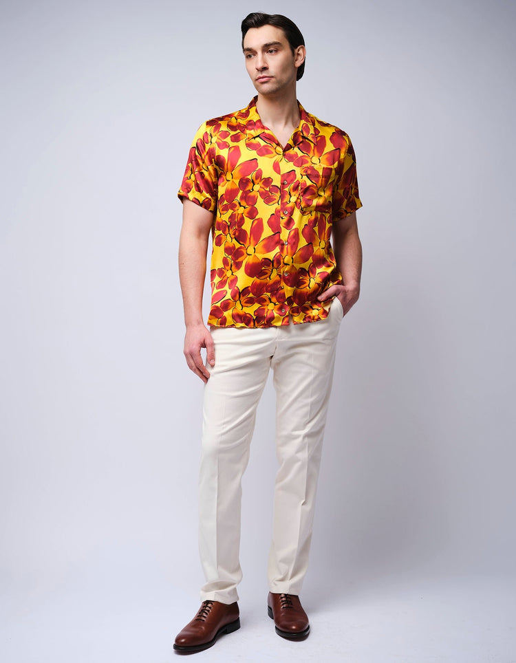 Red & Orange Floral Short Sleeve Silk Shirt - Gresham Blake Online