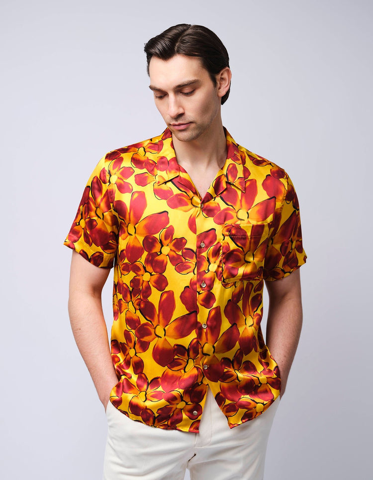 Red & Orange Floral Short Sleeve Silk Shirt - Gresham Blake Online