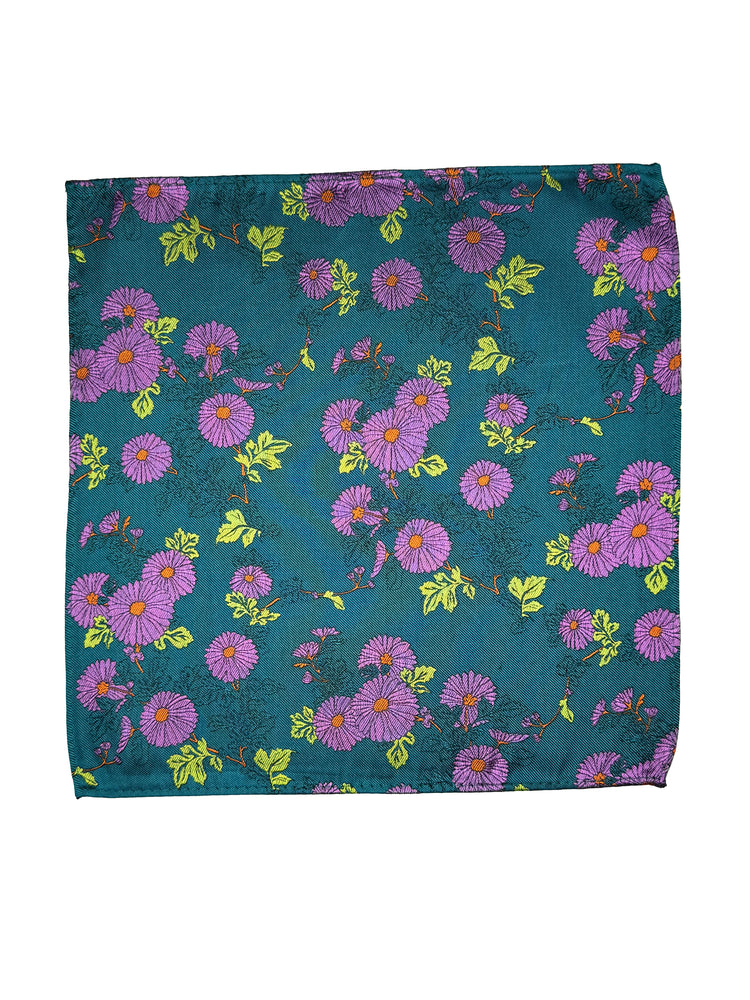 Turquoise & Purple Daisy Silk Pocket Square