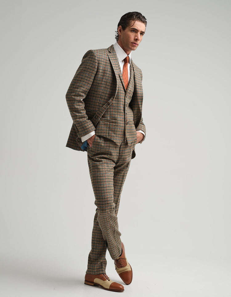 Tan & Blue Check Tweed Suit - Gresham Blake Online