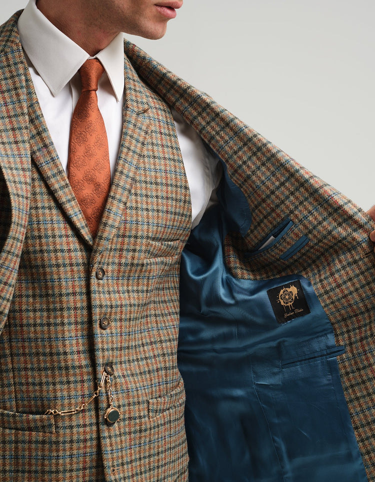 Tan & Blue Check Tweed Suit - Gresham Blake Online