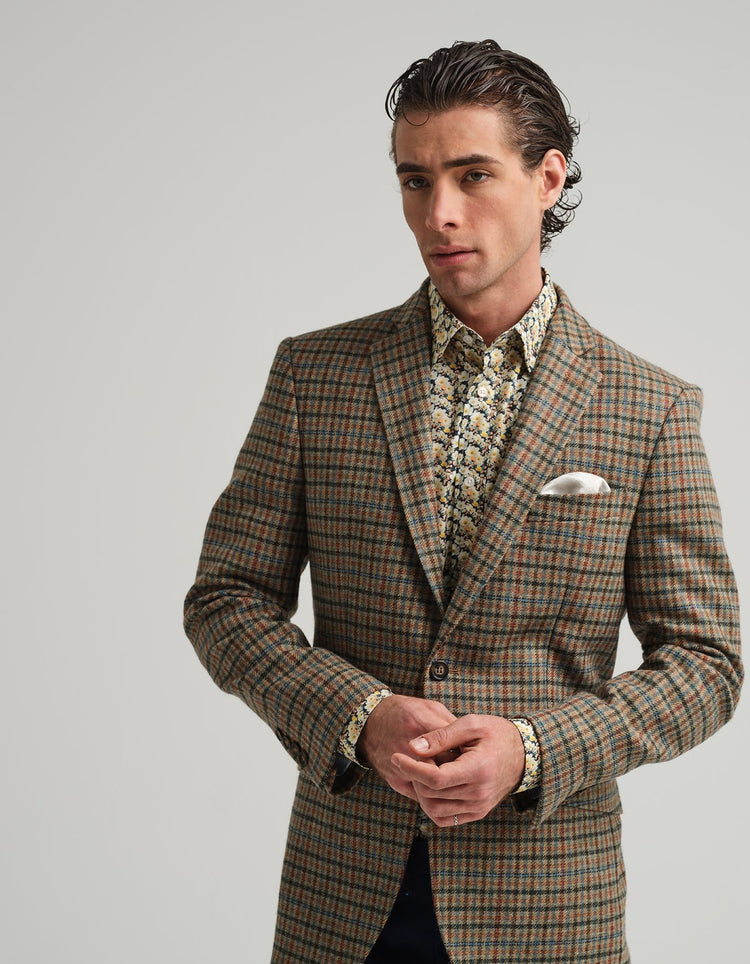 Tan & Blue Check Tweed Suit - Gresham Blake Online
