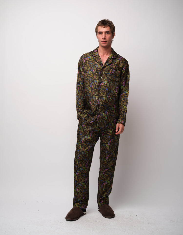 Teal Paisley Silk Pyjamas - full length front view on model