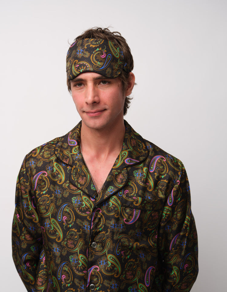 Teal Paisley Silk Pyjamas - worn with the matching silk eye mask