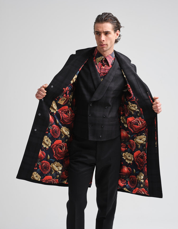 Tonal Black Tartan Covert Coat - Gresham Blake Online