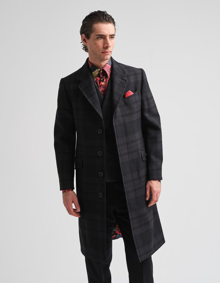 Tonal Black Tartan Covert Coat - Gresham Blake Online