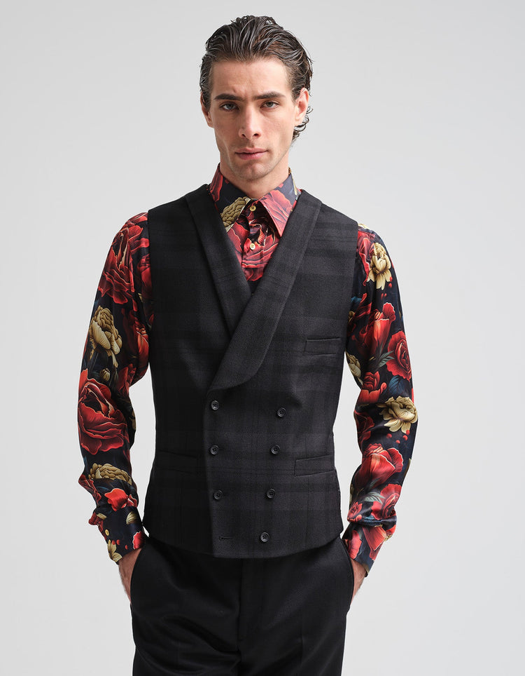 Tonal Black Tartan Waistcoat - Gresham Blake Online