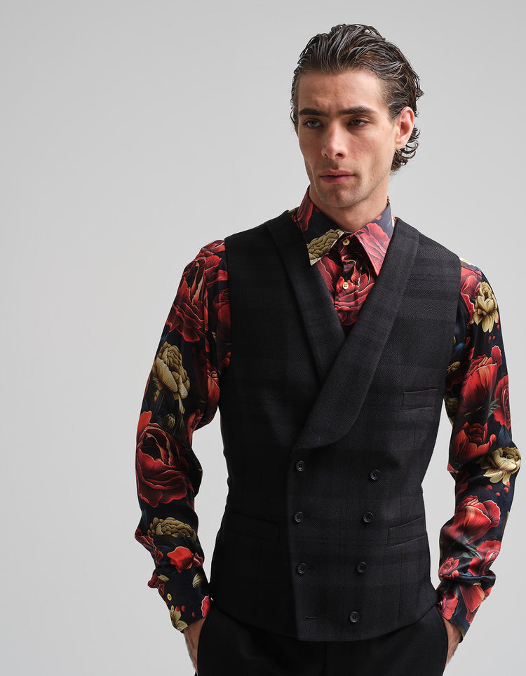 Tonal Black Tartan Waistcoat - Gresham Blake Online