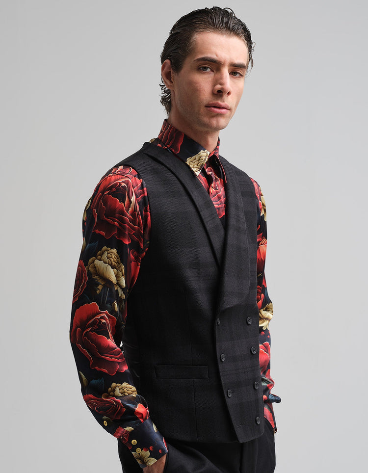 Tonal Black Tartan Waistcoat - Gresham Blake Online