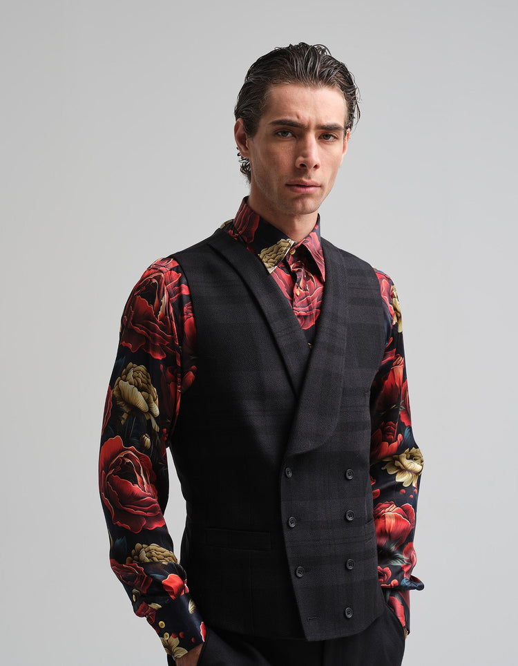 Tonal Black Tartan Waistcoat - Gresham Blake Online
