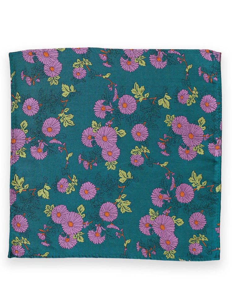 Turquoise & Purple Daisy Silk Pocket Square - Gresham Blake Online